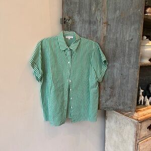 Olivaceous Button Down Blouse with Green and White Stripe